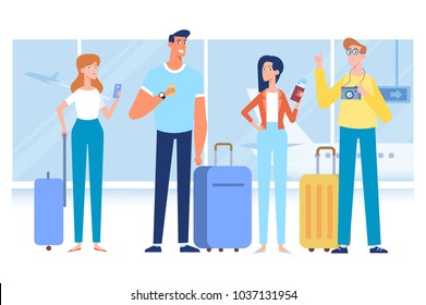 People Traveling Design. Friends Travel Together. Smiling Woman Holding Passport Ready For Vacation Travel At The Airport. Flat Vector Illustration. Character Design.