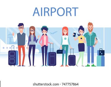 People Traveling Design. Friends Travel Together. Smiling Woman Holding Passport Ready For Vacation Travel At The Airport. Flat Vector Illustration. Character Design.