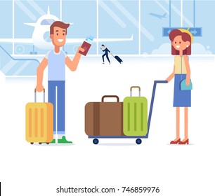 People traveling design. Happy couple travel together. Smiling man holding passport ready for vacation travel at the airport. Flat Vector illustration. Character design.