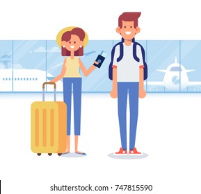 People traveling design. Happy couple at the airport. Smiling woman with luggage holding tickets ready for vacation. Flat Vector illustration.