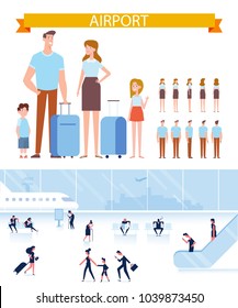 People traveling design. Happy family  with luggage at airport ready for vacation. Waiting Room at airport background. Flat Vector illustration. 