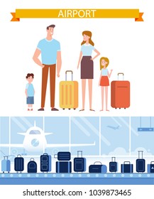 People traveling design. Happy family  with luggage at airport ready for vacation. Conveyor belt in airport hall Flat Vector background. 