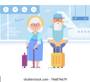 People Traveling Design. Old Couple With Luggage In Airport Ready For Vacation. Flat Vector Illustration. Character Constructor With Different Hairstyles.