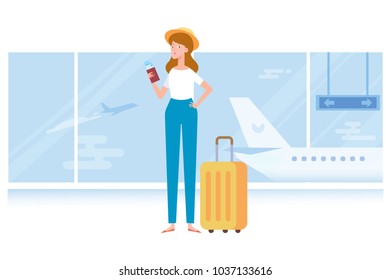 People traveling design. Smiling woman with luggage in airport ready for vacation. Flat Vector illustration. 