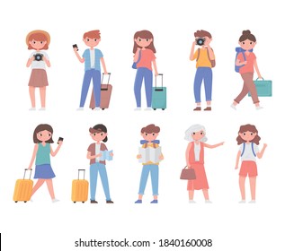 people traveling, different persons tourists with camera map backpack suitcase vector illustration