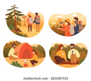 People traveling in forest illustration set. Couple trekking in mountains and camping with backpacks. Tourist outdoor scene vector. Sitting together drinking, walking, preparing food.