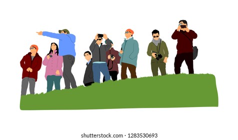 People traveling and having rest. Group of tourist on top of the hill vector illustration. Hikers with backpacks enjoying valley view from mountain. Rescue team observers. Passenger crew on vacation.