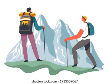 Menschen, die in Bergen wandern und wandern, männliche Figur mit Rucksäcken und besonderen Stöcken genießen Schönheit der Natur und Klippen. Bergsteiger, Bergsteiger und Trekking. Vektorgrafik im Flachstil