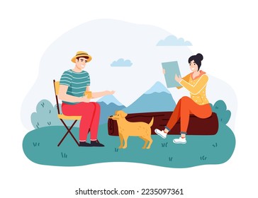 People traveling or hiking on nature. Man sitting on chair outdoor drinking hot beverage and playing with dog pet. Woman sitting on log and reading. Couple spending time outside, exploration vector