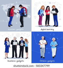 People traveling learning exercising and communicating with business colleagues with gadgets 4 flat icons isolated vector illustration  