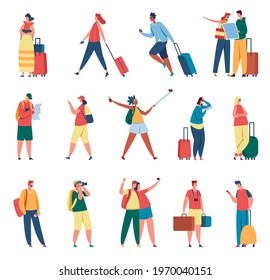 People traveling. Man and woman with backpacks, suitcases. Tourists taking photo, travelers reading map. Summer vacation, tourism activity vector set. Female and male characters with luggage