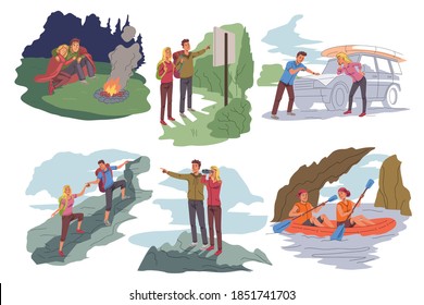 People traveling on adventure illustration set. Couple trekking in mountains, forest and in water with backpacks. Tourist outdoor scene vector. Sitting with bonfire together, camping.
