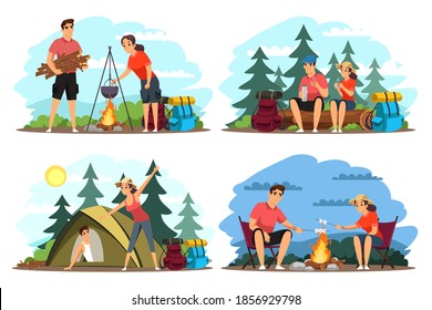 People traveling on adventure illustration set. Couple trekking in mountains and forest with backpacks. Tourist outdoor scene vector. Cooking food on bonfire, sitting together, camping.