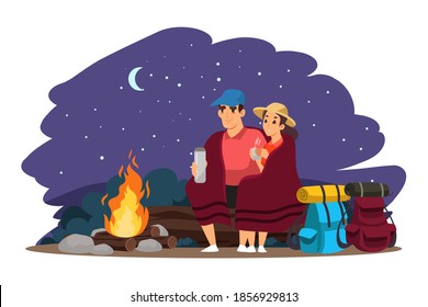 People traveling on adventure, sitting by campfire at night. Couple trekking in forest, sitting, resting together by bonfire. Tourist outdoor romantic scene vector illustration.