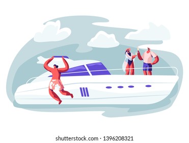 People Traveling on Luxury Yacht at Sea on Summertime, Happy Man Jump into Water, Loving Couple Drinking Beverage on Ship Deck and Sun Bathing. Summer Vacation, Cruise Cartoon Flat Vector Illustration