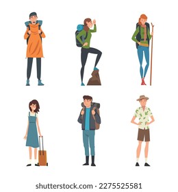 People traveling on vacation set. Male and female characters hiking and having trip cartoon vector illustration