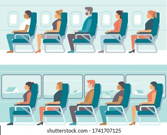 People traveling. Passengers seating in airplane. Travellers in a intercity coach bus. Road trip. Travel and tourism comcept. Flat illustration. 