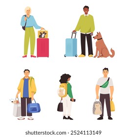 Pessoas viajando com animais de estimação. Ilustrações vetoriais de viajantes com gatos e cães em portadores e sacos. O set inclui homens e mulheres carregando animais de estimação em vários cenários de viagem.