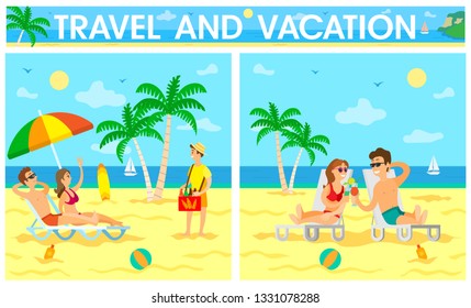 People traveling, relaxing on beach vector, couple drinking cocktails by seaside. Coastal relaxation couple laying on chaise longue, palm trees greenery