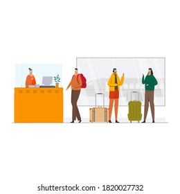 People traveling. Standing in front of  receptionist to check in airport after quarantine. New normal vector illustration.