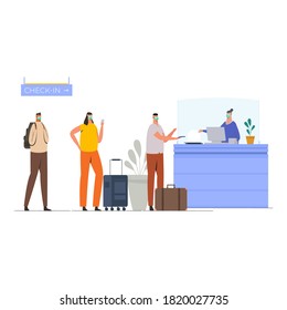 People traveling. Standing in front of  receptionist to check in airport after quarantine. New normal vector illustration.