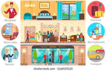 People traveling and staying at hotel with luggage. Happy holiday vacation, recreation concept. Tourist at reception counter. Set of hotel daily routine scenes. Facility staff services visitors, helps