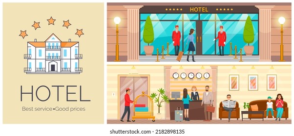 People traveling and staying at hotel with luggage. Happy holiday vacation, recreation concept. Tourist at reception counter. Set of hotel daily routine scenes. Facility staff services visitors, helps