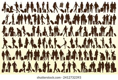 People Traveling With Suitcase Silhouettes vector