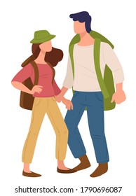 People traveling together, isolated couple with rucksacks holding hands. Man and woman with bags, travelers on journey. Summer vacation, camping and mountaineering. Active lifestyle vector in flat