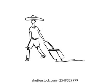 People traveling, tourists carrying luggage,suitcase.hand drawing.