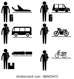 people traveling with various transportation with various luggage and baggage icon sign symbol vector pictogram