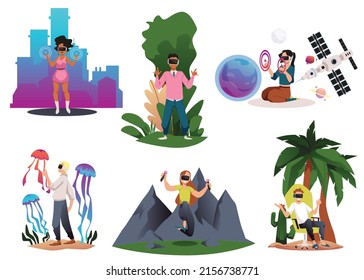 People traveling in virtual reality with VR glasses, flat vector illustration isolated on white background. Set of men and women exploring underwater world, mountains, cities and space.
