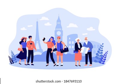 People traveling, walking at famous city landmarks, taking pictures or selfies, using paper map. Vector illustration for tourism, Europe guide, vacation concept