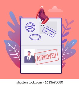 People Travelling Abroad Concept. Happy Young Woman in Summer Hat and Dress Sitting on Huge Open Foreign Passport with Approved Visa Stamp on Page with Male Photo. Cartoon Flat Vector Illustration