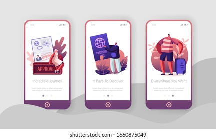 People Travelling Abroad Mobile App Page Onboard Screen Set. Tourist Get Foreign Passport with Approved Visa Stamp, Vacation Trip Concept for Website or Web Page. Cartoon Flat Vector Illustration