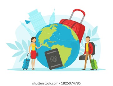 People Travelling Around the World. Tiny Characters with Luggage Going on Vacation Flat Vector Illustration