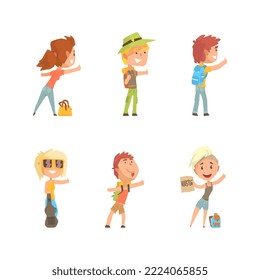 People Travelling by Hitchhiking or Autostop Thumbing Standing on the Road Vector Set