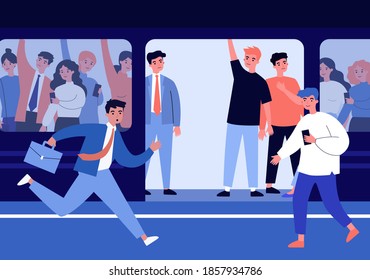People travelling by subway train. Commuters, passengers, crowd in carriage flat vector illustration. Public transport, commuting, metro concept for banner, website design or landing web page
