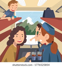 People Travelling by Train, Cheerful Men and Women Sitting in Passenger Railway Transport and Talking to Each Other, Train Interior Vector Illustration