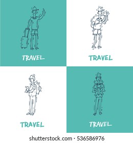 People travel-ling and having a rest. Characters. Hand drawn vintage style. Flat design vector illustration.