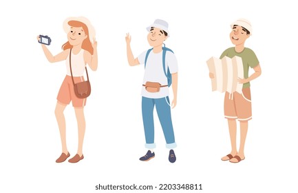 People travelling on summer vacation set. Tourists sightseeing with camera and map cartoon vector illustration