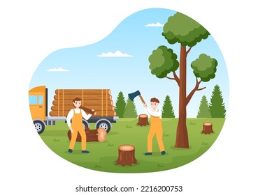 People Tree Cutting and Timber with Truck, Chainsaw Wooden and Tools Logging in the Forest on Flat Cartoon Hand Drawn Templates Illustration