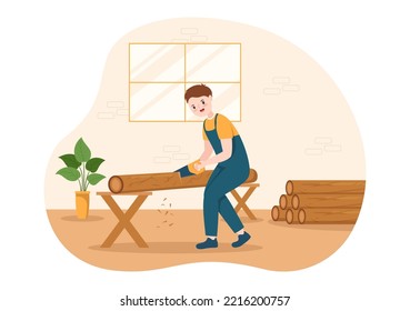 People Tree Cutting and Timber with Truck, Chainsaw Wooden and Tools Logging in the Forest on Flat Cartoon Hand Drawn Templates Illustration