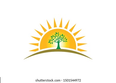 People Tree Family in sunshine logo. Family of four persons tree strong