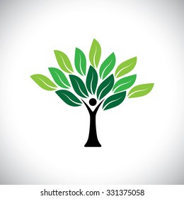people tree icon with colorful leaves - eco concept vector. This graphic also represents peace, union, unity, embrace, blend, join, unify, renewable, sustainability, harmony