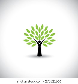 people tree icon with green leaves - eco concept vector. This graphic also represents environmental protection, nature conservation, eco friendly, renewable, sustainability, nature loving