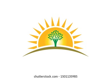 People Tree of Life in sunshine logo. Family of three persons tree strong