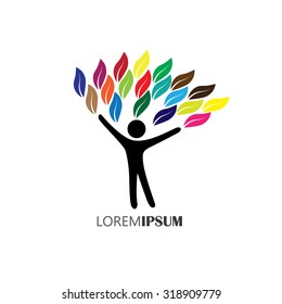people tree logo with colorful leaves, eco concept vector. this graphic also represents environmental protection, nature conservation, eco friendly, sustainability, balance, peace, harmony