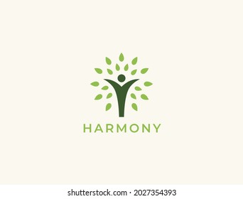 People Tree Logo With Green Leaves. Vector Icon Concept.