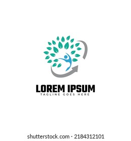 Plantilla de logotipo del vector de árbol de personas. Árbol curvo verde con hojas y niño con brote. Frontera redonda con un niño. Aislado en blanco. Diseño plano. Ilustración vectorial. Señal de educación o cuidado de niños. Chil